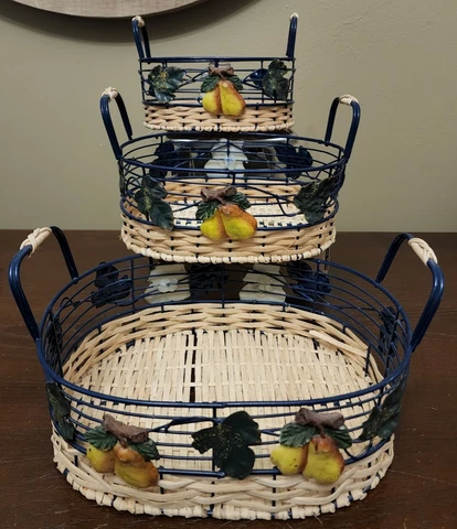 Wicker Rattan Bread/Fruit three Basket  Set With Wire Frame Carrier Cover