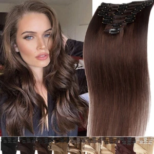 AUSVERKAUF Clip In 100 % Echt Remy Echthaar Extensions voller Kopf braun 12" 14" - Bild 1 von 35