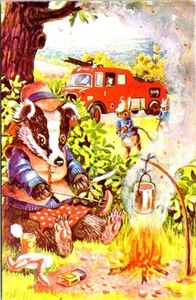 Medici Society #363 INTERRUPTED FEAST~RACEY HELPS Campfire/Fire Truck Postcard - Picture 1 of 2