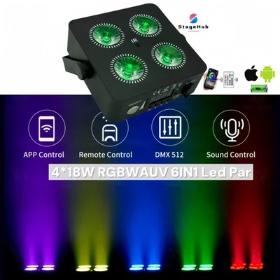 Led 4x18w Mini Battery Wireless Wifi Uplight DJ Night Club DMX Stage Par Lights - Image 1 of 4