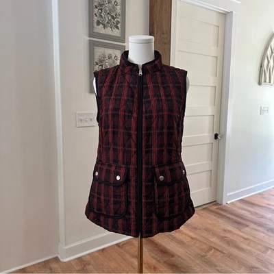 Chaleco de vacaciones de invierno pequeño con cremallera completa bolsillo sin mangas negro rojo a cuadros para mujer Foto 1 de 4