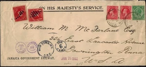 Jamaica 1932 OHMS Long OHMS Cover w/Govt. Railway CDS & Jamaica KGV 1d & 3d - Picture 1 of 2