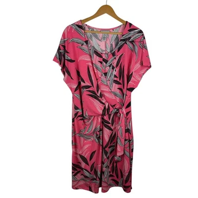 Vestido Catherines Tropical Estampado Hojas Talla 0X 14/16W Rosa Tejido Corbata Cintura Resort Foto 1 de 4