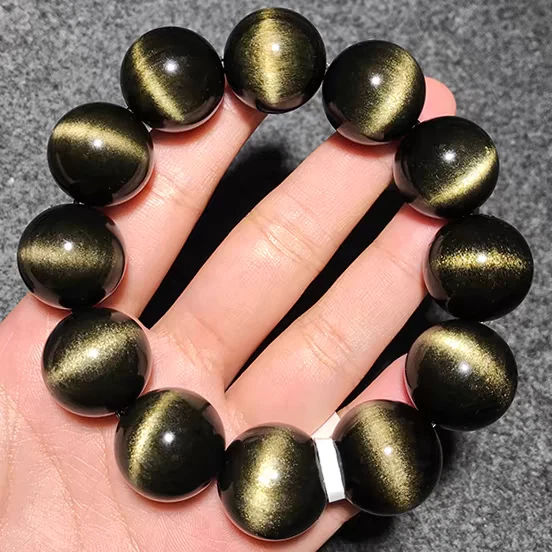 ENORME Brazalete Hombre Elástico Cuentas Redondas Piedras Preciosas Obsidiana Oro Natural 16 mm Foto 1 de 3