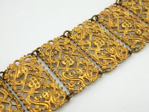 Pulsera Antigua Panel Latón Filigrana Ornamentada Diseño Floral Ancha - Imagen 1 de 7