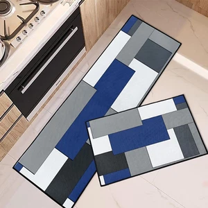 Blue Geometric Kitchen Rugs and Mats Non Skid Washable Set of 2, Checked Black  - Picture 1 of 12