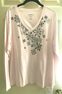 Croft & Barrow Damen Classic Tee XL L/s rosa V-Ausschnitt bestickt Ausschnitt - Bild 1 von 7