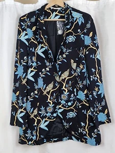 Soft Surroundings Sz L Blazer Chinoiserie Bird Floral Black Aqua Gold Dressy - Picture 1 of 24