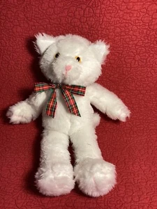14" White Cat yellow eyes pink nose plush stuffed plaid ribbon long floppy legs - Picture 1 of 3