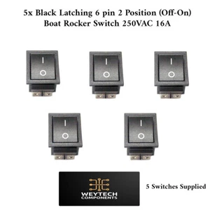 5x Black Latching 6 Pin 2 Position (Off-On) Rocker Switch 250VAC 16A - Picture 1 of 3