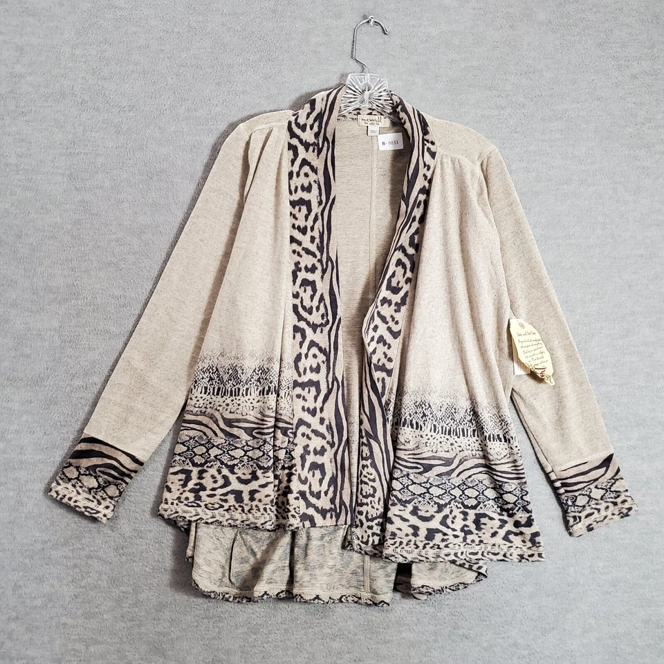 One World Women Sweater Medium Brown Leopard Cardigan Zebra Open Front NWT - Image 1 of 4