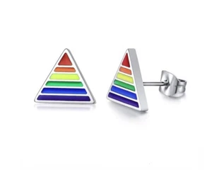 Gay Lesbian Rainbow 10MM Triangle Stainless Steel Stud Earrings - Picture 1 of 1