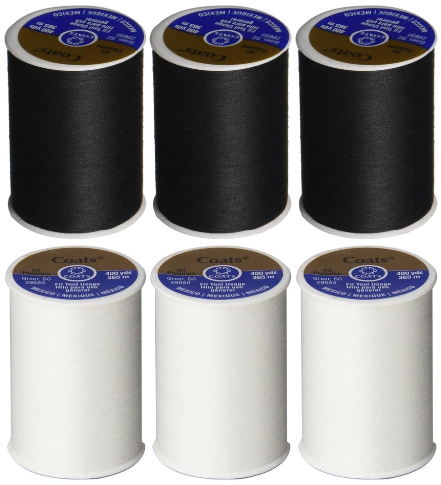 6 Pack Bundle - (3 Black + 3 White) - Coats & Clark Dual Duty All-Purpose Thread - Image 1 of 1