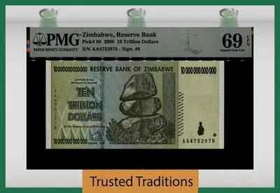 TT PK 88 2008 ZIMBABWE 10 TRILLION DOLLARS PMG 69 EPQ SUPERB GEM UNCIRCULATED! - Image 1 of 2