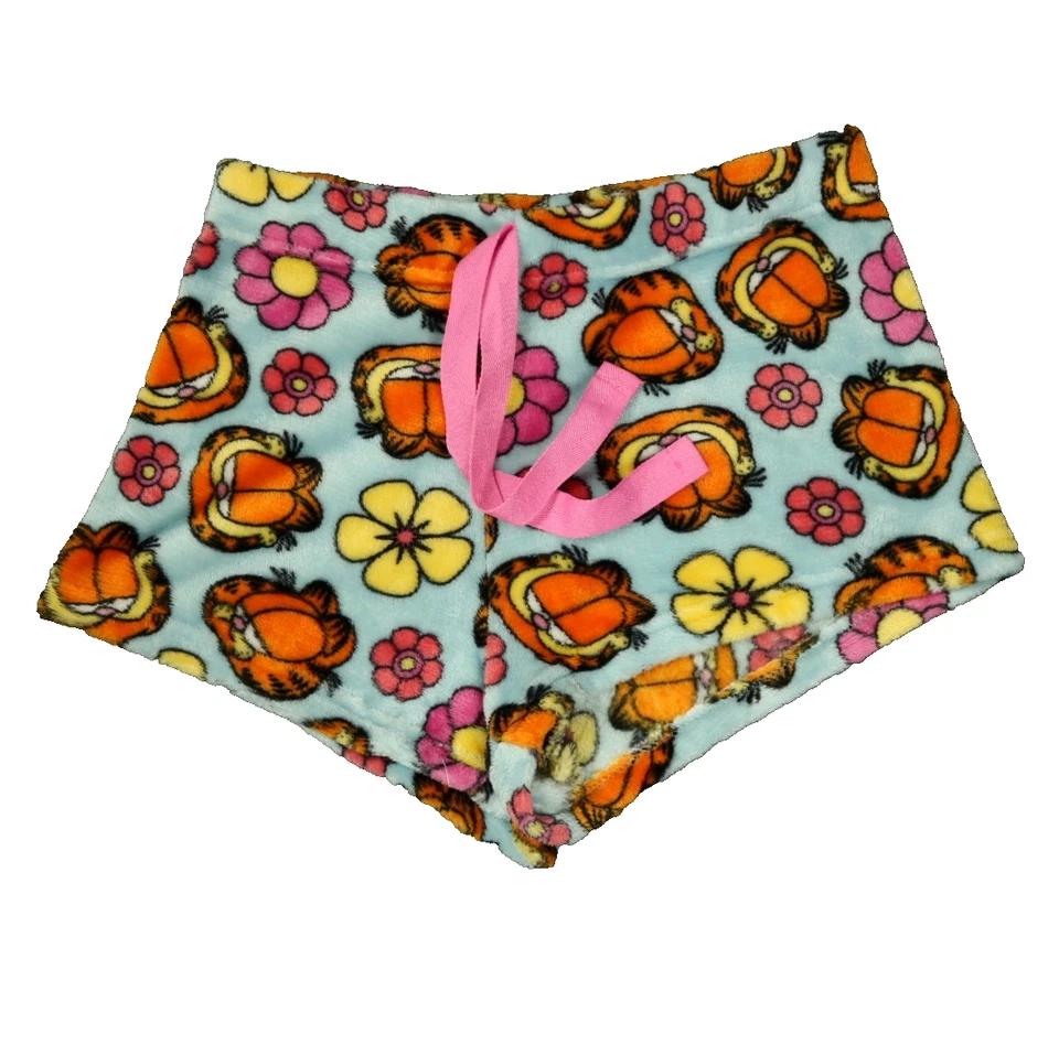 Garfield Flower Power Fuzzy 抓绒睡眠短裤 抽绳 多色 蓝色 M — 第 1/4 张图片