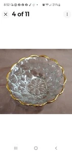 Jeannette Depression Glass Bowl Clear Thumbprint Pilgrim Gold Trim Vintage T2230 - Picture 1 of 3