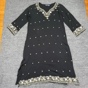 Vintage Phool Dress Women 1X Plus Black Gold Maxi V-Neck Resort Beach Floral - Picture 1 of 10
