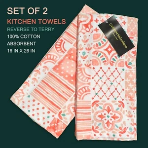 2-PK CATHERINE MALANDRIANO Reverse Terry Kitchen Towels Moroccan Tiles Coral Red - Picture 1 of 3