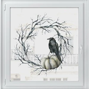 Halloween Wreath Window Sticker - Pumpkin Crow Window Decal Cling Vinyl Sticker - Picture 1 of 6