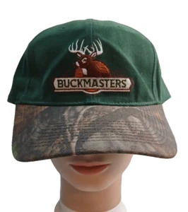 BUCKMASTERS Adjustable Strap Back Hat Cap Green w/ Camo Brim Deer Buck Hunting - Picture 1 of 11