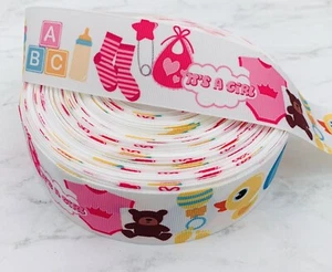 IT'S A GIRL WITH BABY BOTTLES GROSGRAIN RIBBON 1.5” USA Seller 2 Yards - Picture 1 of 2