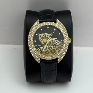 38mm Working Tova Leopard CZ Jewelled Quartz Watch Leather Strap New Battery - Picture 1 of 19