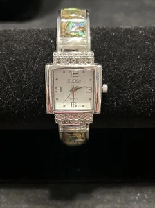 Studio Time Watch Women Silver Tone Open Cuff Abalone Inlay New Battery 6.25" - Picture 1 of 4