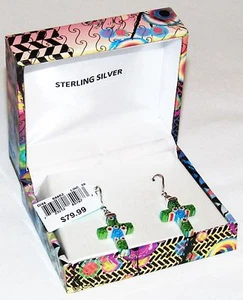 Green Glass Cross Sterling Silver Dangle Earrings ~ New with Tags, MSRP $79.99 - Picture 1 of 5