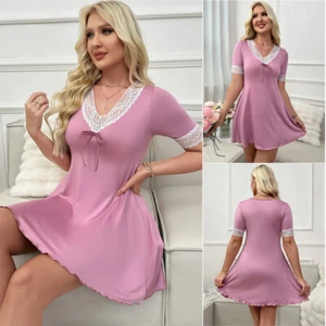 Women Nightgown Sleepwear Lace V-Neck Nightshirt Short Sleeves Nightwear Dress - Picture 1 of 9