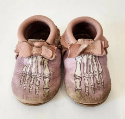 Freshly Picked Mrs Bones Mini Soft Sole Leather Skeleton Moccasin Pink Halloween - Image 1 of 4