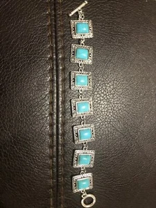 Beautiful Silver Tone Multiple Square Shape Turquoise Toggle Cuff bracelet 8” - Picture 1 of 4