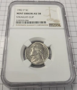 1982-P 5C Mint Error AU 58 NGC.  Jefferson Nickel. Straight Clip. - Picture 1 of 4