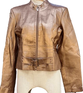 {ROCAWEAR} Chaqueta Cuero Dorado Motocicleta/Corredor Cremallera Hebillas Forrada ~L - Imagen 1 de 14