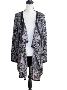 Soft Surroundings Cardigan Sweater Medium Long Open Draped Black Taupe Filigree - Picture 1 of 8