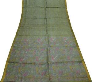 Sushila Vintage Green Scrap Saree 100% Pure Silk Printed Floral Sari Fabric - Picture 1 of 11