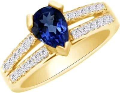 Anel de noivado de haste dividida simulado de tanzanita e diamante natural ouro 14K - Imagem 1 de 4