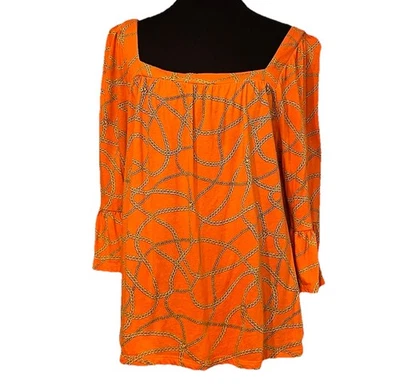 Blusa Top Michael Kors Para Mujer Talla L Naranja Dorado Estampado de Cadena Manga Campana 3/4 Foto 1 de 4