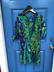 Handmade Vintage 60er Etuikleid S/M Mini Blumen Psychedlic Hippie grün lila - Bild 1 von 12