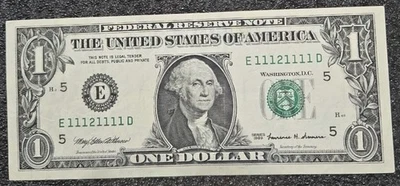 $1 Dollar Bill Binary Serial Number 1s 2s  Seven Of A Kind Near Solid 11121111  - Image 1 of 4