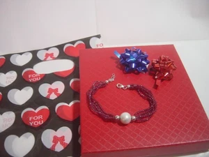 fabulous-solid silver& large real eddison  pearl & genuine RUBIES  Bracelet 7." - Picture 1 of 12