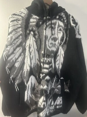Native American Chief Hecho a Mano Lana XL Chaqueta con Capucha Bisonte Ecuador Negro Blanco Foto 1 de 4