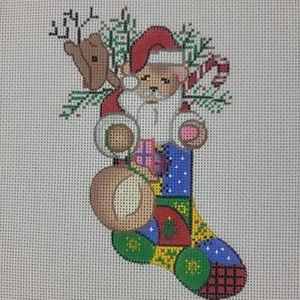 Handpainted Needlepoint Canvas Mini XMAS Stocking Candy Cane Reindeer HP NEW - Picture 1 of 3