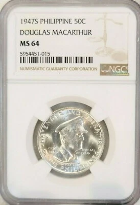 1947 PHILIPPINES SILVER 50 CENTAVOS DOUGLAS MACARTHUR NGC MS 64 PQ BRIGHT BU - Image 1 of 4