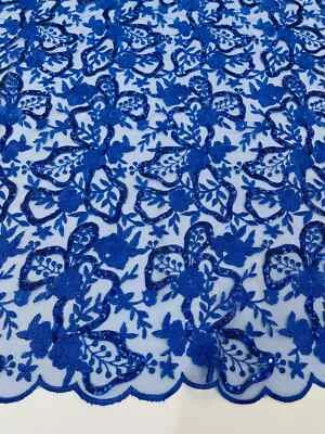 Tela de lentejuelas para plantas de flores azul real bordadas lentejuelas tela de flores por yarda Foto 1 de 4