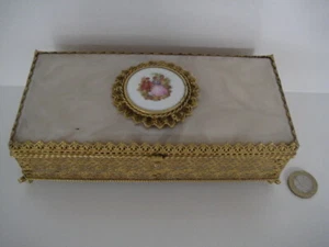 LIMOGES PORCELAIN PLAQUE FAUX GOLD FILIGREE SIDES MARBLE TOP JEWELRY BOX ORNATE  - Picture 1 of 12