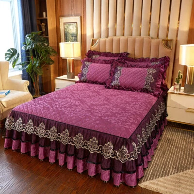 Lace Velvet Bedspread Set Queen King Bed Skirt Qulited Fitted Sheet Pillow Cases - Image 1 of 4