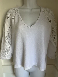 INC Womens Top White Eyelet Cotton Poly Knit Eyelet Raglan Embroidered Sleeves S - Picture 1 of 4