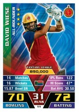 ✺New✺ 2016 2017 ROYAL CHALLENGERS IPL Cricket Card DAVID WIESE Topps Attax