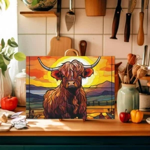 Multicolor Stained Glass Look Highland Cow Glass Cutting Board - Picture 1 of 1