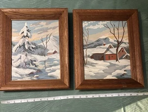 Conjunto de 2 pinturas por número vintage de mediados de siglo de paisaje granero nieve invierno enmarcado - Imagen 1 de 5
